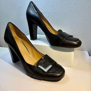 Nine West Black Leather Block High Heel Loafers size 9.5M
